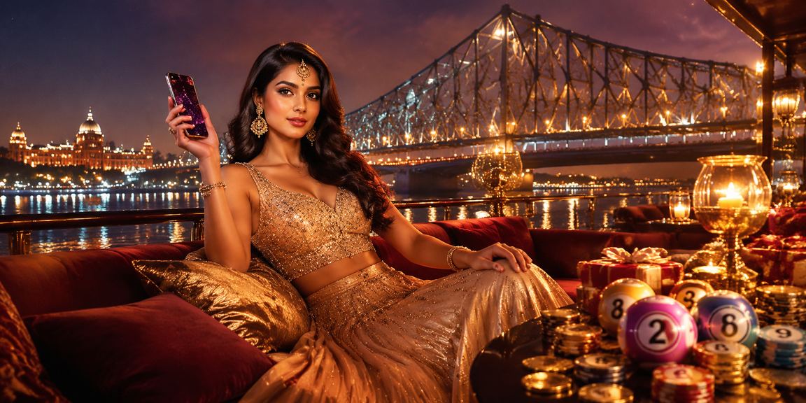 Evening skyline of Kolkata with lottery and casino theme