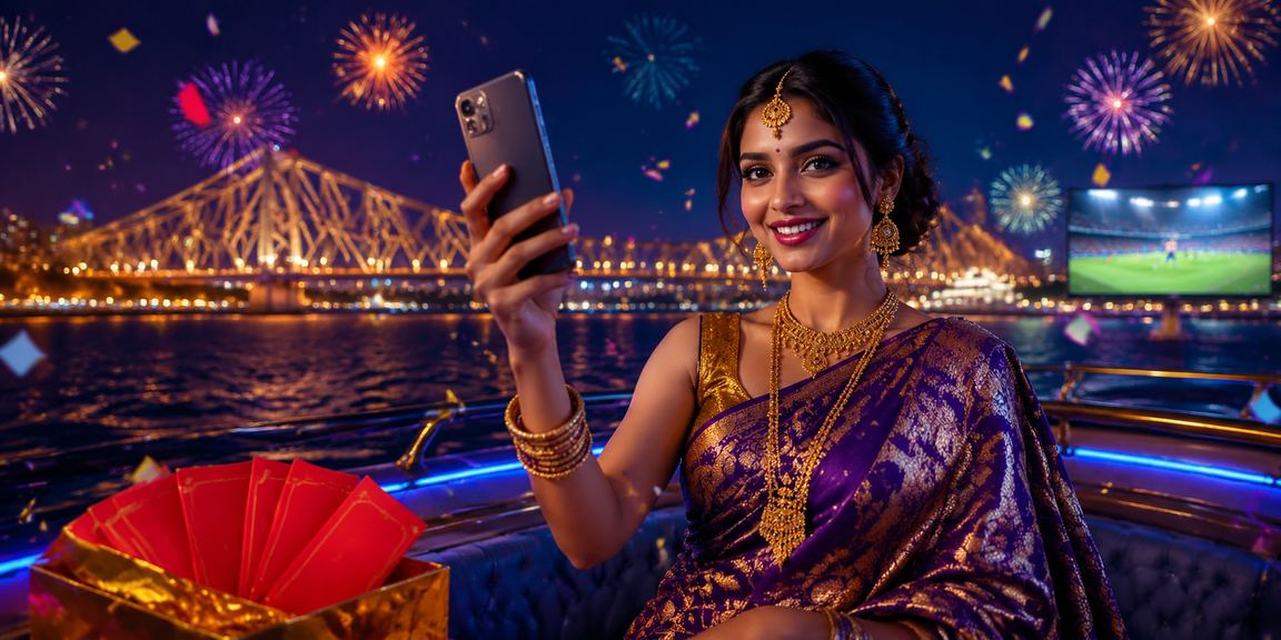 Kolkata Howrah Bridge scenic night with festive red envelopes